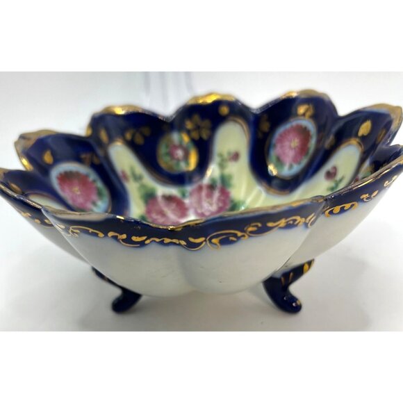 Vtg Hand Painted Porcelain Candy, Nut Dish, Colbalt Blue Floral Scalloped W/ Fee - Picture 2 of 5